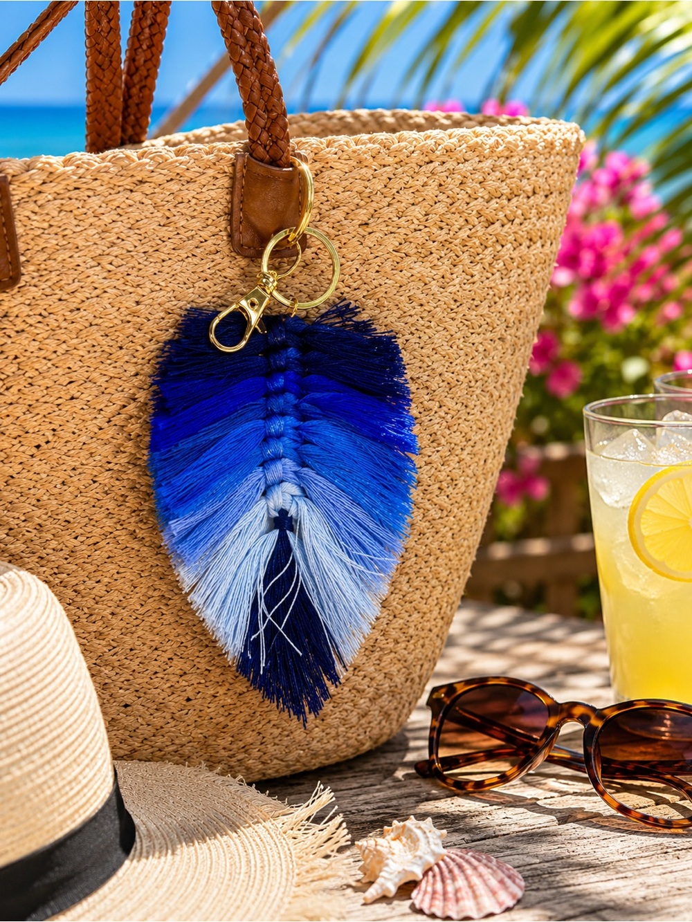 Boho Macrame Leaf Keychain Bag Charm Blue Ombre
